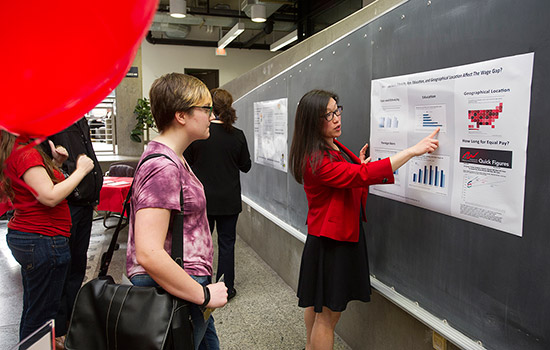 People reading chart on poster