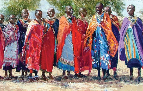 painting of people in Africa wearing colorful garments.