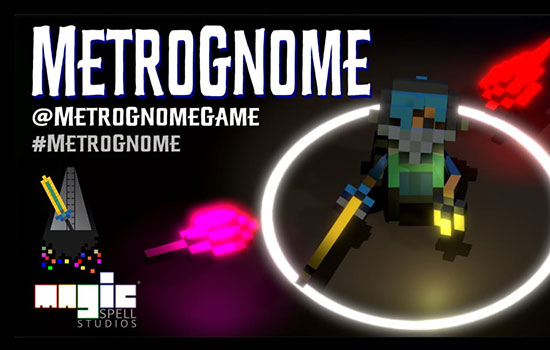 "Metrognome" in large text at the top followed by instagram handle and hashtag. Image of character next to text.