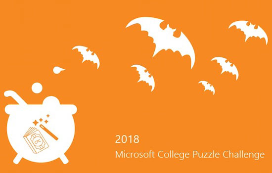 Orange image with white bat-shaped creatures. Text reads "2018 Microsoft Puzzle Challenge".