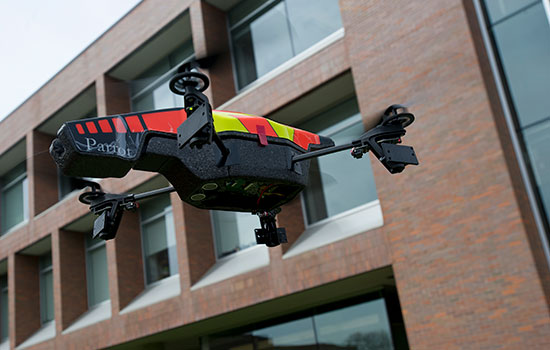 A drone flying on RIT campus.