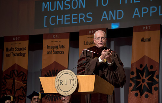 President Munson giving speech to freshman