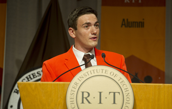 Student President speaking at podium