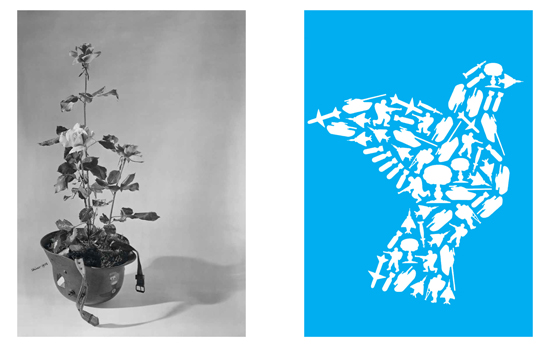Two pictures side by side of a plant and a bird made of plants