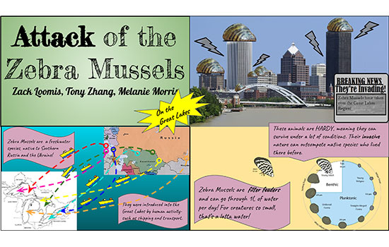 A student-created poster about the "Attack of the Zebra Mussels." The poster features a mixture of illustrated and real-life photos of Rochester and the Great Lakes region. 