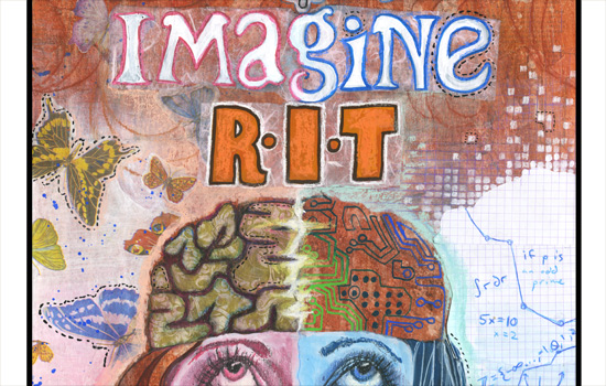 a poster for Imagine R I T with a person's eyes looking up at their brain.