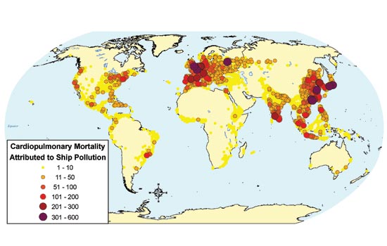 Map of the world displaying "Cardiopulmonary Mortality Attributed to Ship Pollution"