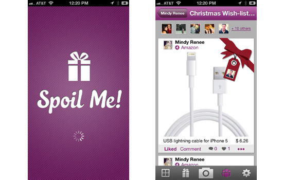 Two screens on "Spoil Me!" app