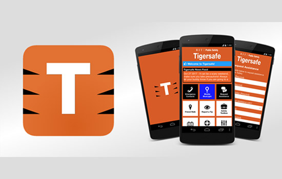 Orange app logo box with "T" and tiger stripes. Phones showing application.