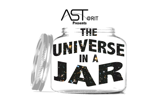 graphic of a jar with the words A S T at R I T presents, the universe in a jar.