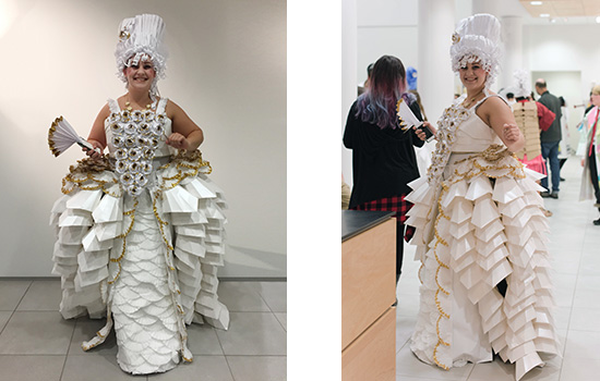 Two portraits side by side wearing paper dress