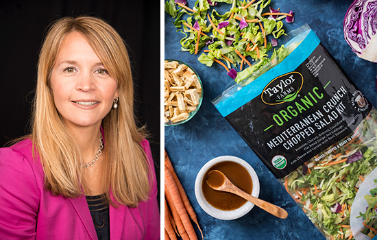 On the left, a headshot of Michele Conklin Williams. On the right, a photo of a product that Taylor Farms sells, Organic Mediterranean Crunch Chopped Salad Kid.