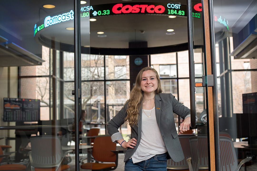 Emily Young poses in the doorway of a lounge in Max Lowenthall building.