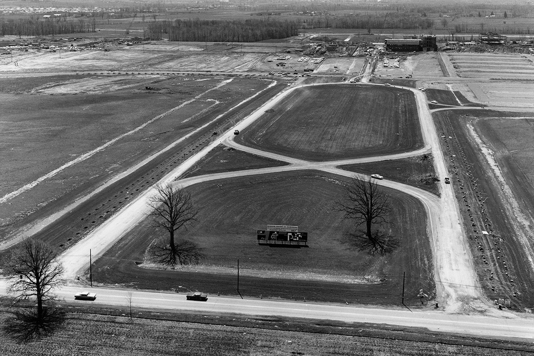 An aerial view of RIT's entrance in 1966. Much of the landscape is barren because the construction was not yet finished.