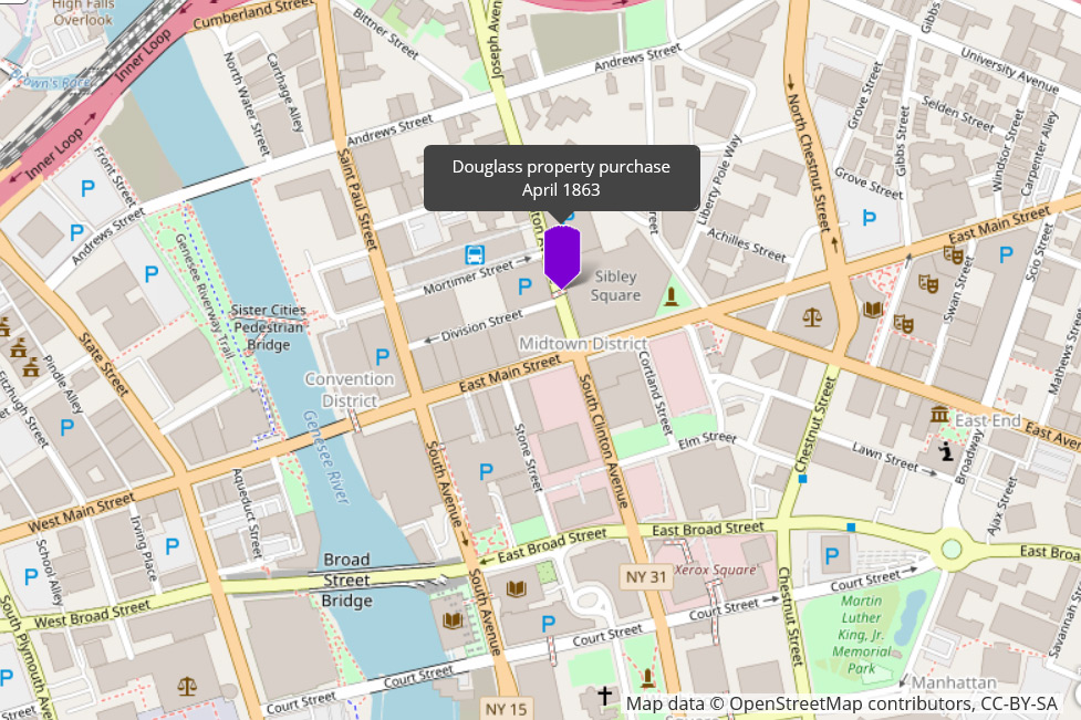 A google maps image of Rochester with a purple flag marking the location of the Douglass property purchase in April 1863.