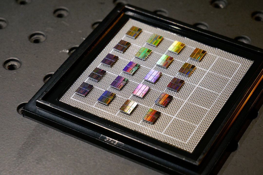 Up-close shot of photonic chips.