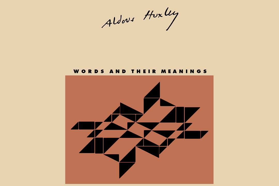 The cover art of Huxley's eassy "Words and Their Meanings" featuring a tan background and a burnt orange square in the center with a black, geometric pattern within the square.