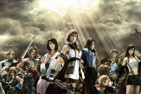 Characters from Final Fantasy assembled in a group looking off camera.