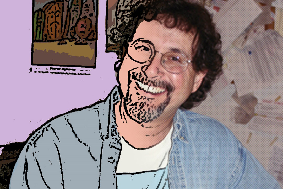 An artistic rendition of Leigh Rubin, the left half of the image looking to be illustrated while the other half looks like a normal photo. The split between illustration and real-image falls across the middle of Rubin's face.