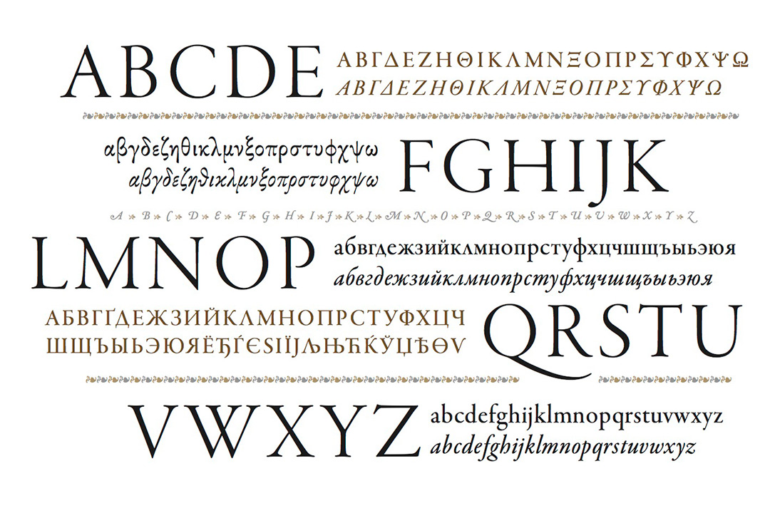 An artistic display of the alphabet in English and other languages, fonts and size.