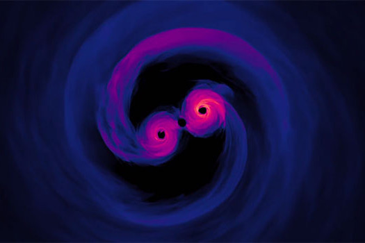 Two black holes swirl around each other, nearly touching in the center of the image. The black holes are bright pink and fade to a dark blue or purple around the edges.