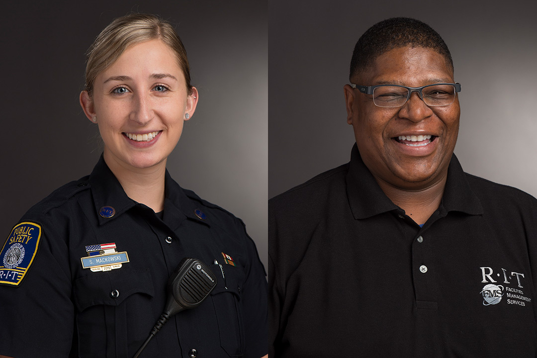 Side by side portrait photos of Stephanie Mackoowski and Eli Abrams in their respective uniforms.