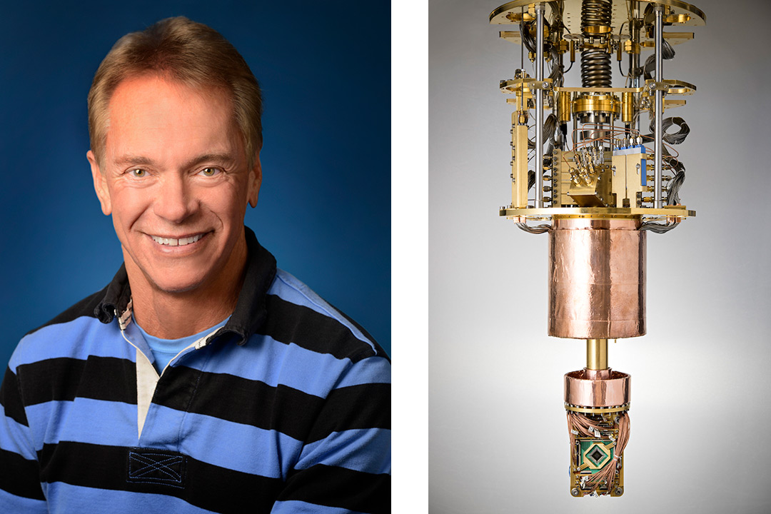 On the left, a headshot of Robert Ewald. On the right, quantum computer equipment.