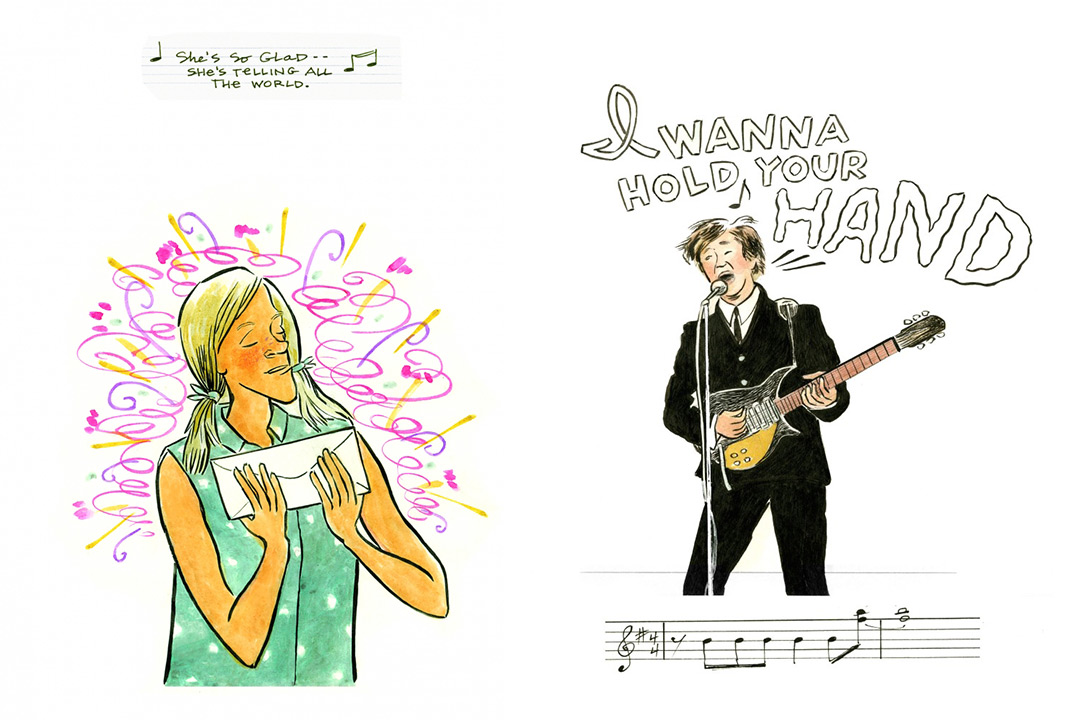 An excerpt from Carol Tyler's comic book featuring a love-struck fan on the left and Paul McCartney is shown playing his guitar and singing the lyrics from "I Wanna Hold Your Hand."