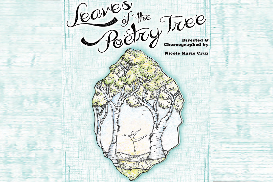 book cover reads "leaves of the poetry tree" with illustration of birch trees and figure dancing