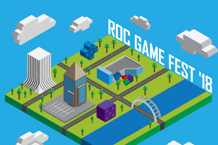 Graphic of city of Rochester elements to look like a blocky video game