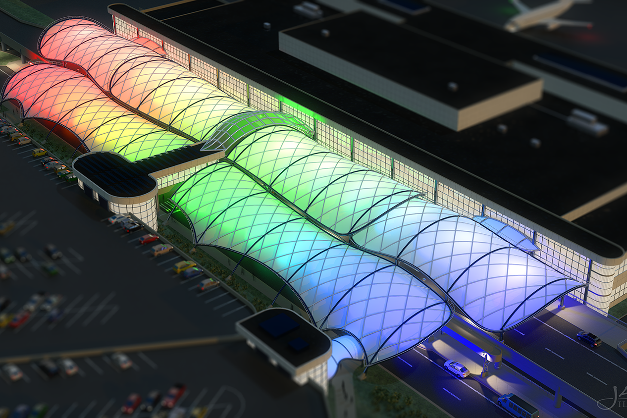 An overhead rendering of a newly design airport terminal.