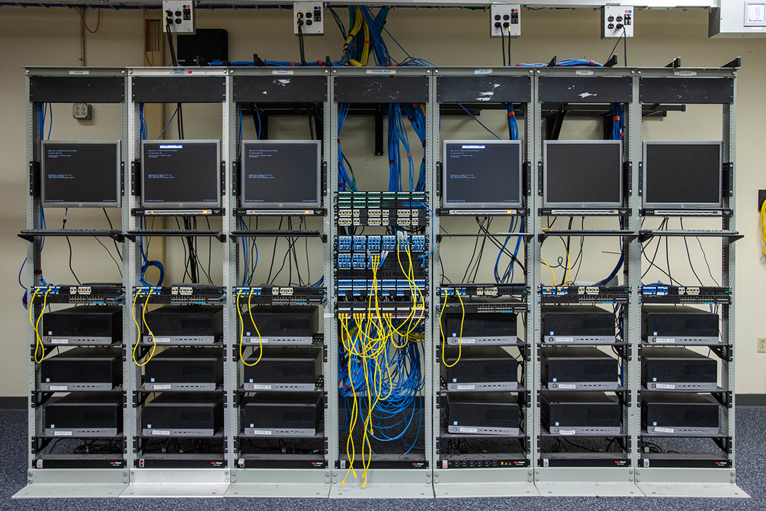 Bank of computer servers and monitors