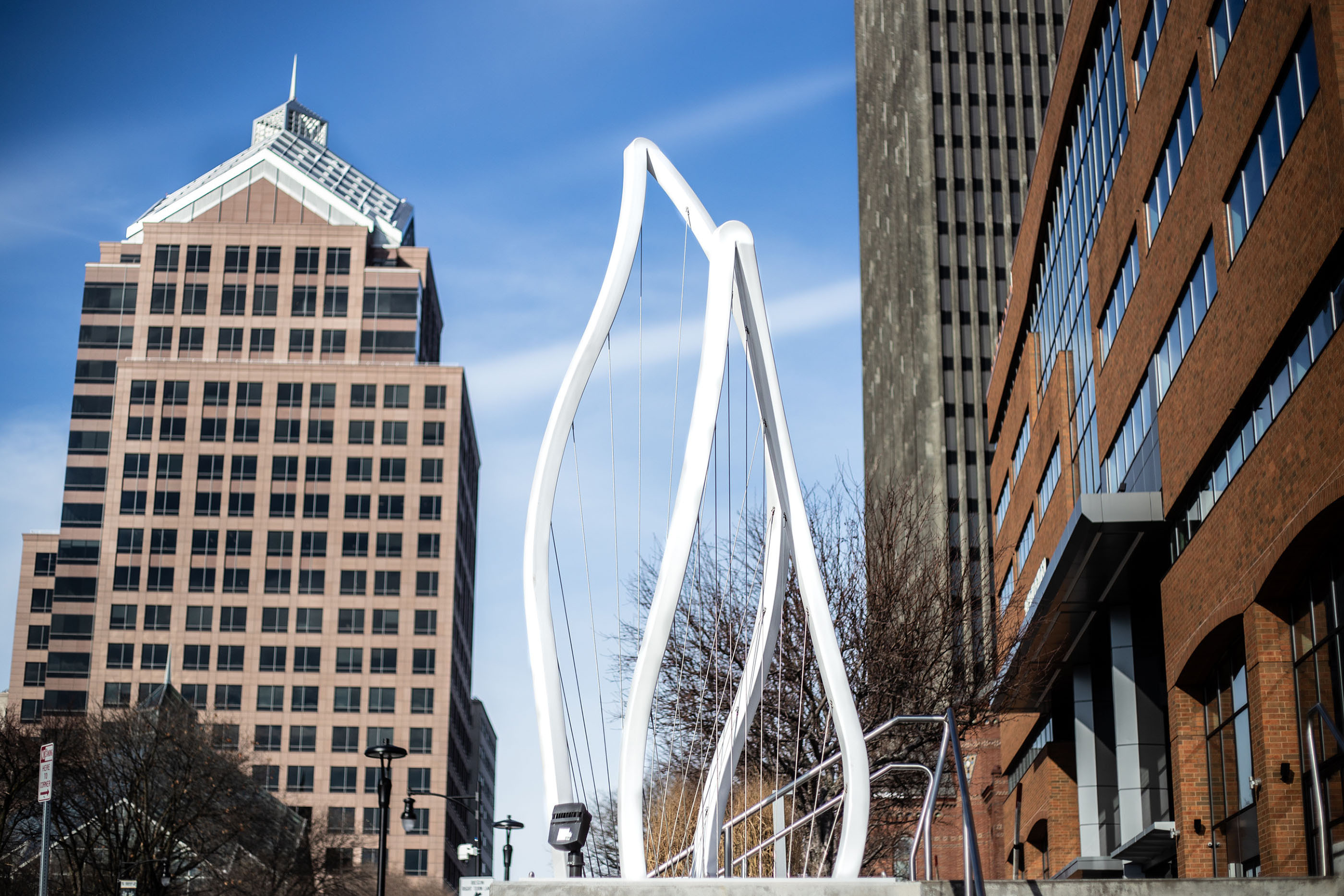 Julia Manson's second downtown Rochester sculpture sits in front of the 3 City Center office building. 