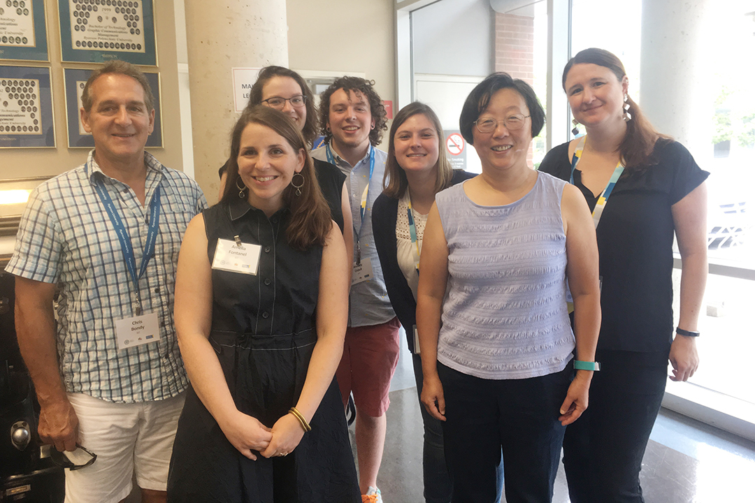 From left: Chris Bondy, Amelia Hugill-Fontanel, associate curator of the RIT's Cary Graphic Arts Collection, Hannah Mulford, Wesley Odell, Emma Strongin, Shu Chang and Christine Heusner.
