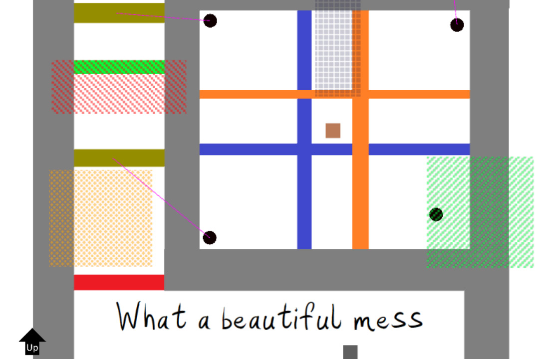 Colorful squares and rectangles arranged in a maze with text that readers: What a beautiful mess