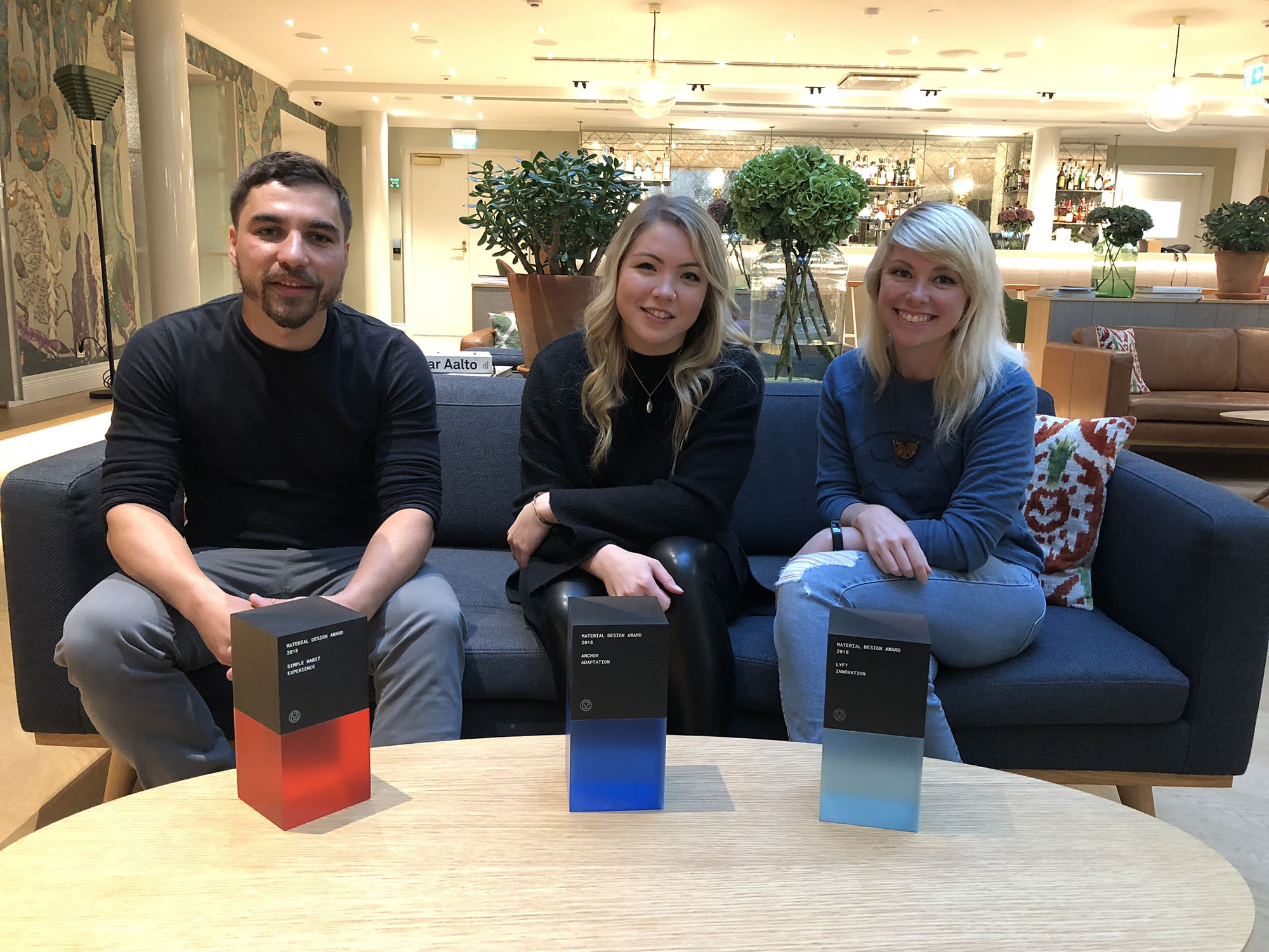 From left, new media design alumni with Google Material Design Awards in Helsinki, Finland: Valentin Drown '11, Emmi Hintz '12 and Linzi Berry '09