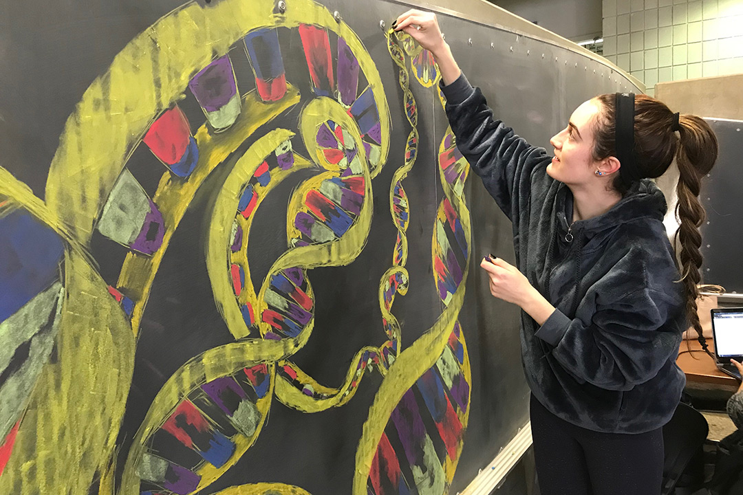 Student draws illustration of DNA on chalkboard