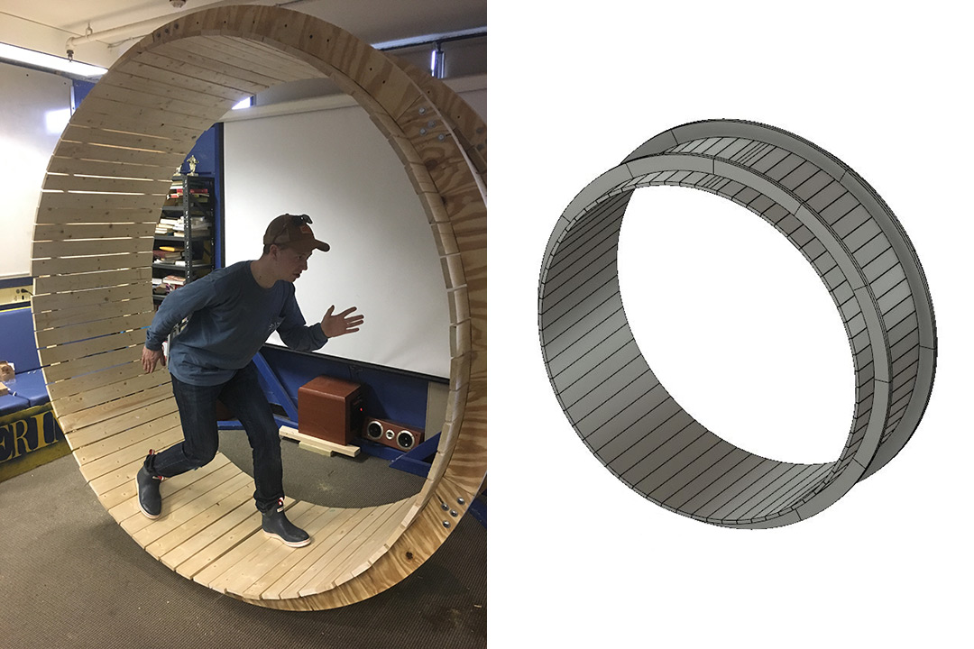 Split screen of design for large wheel and person posing in giant wooden hamster wheel.