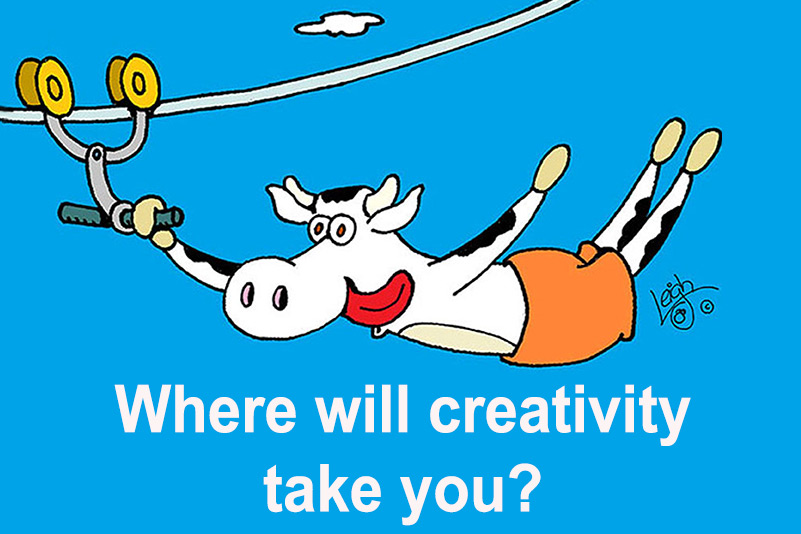 Cartoon of cow on zipline with text: Where will creativity take you?