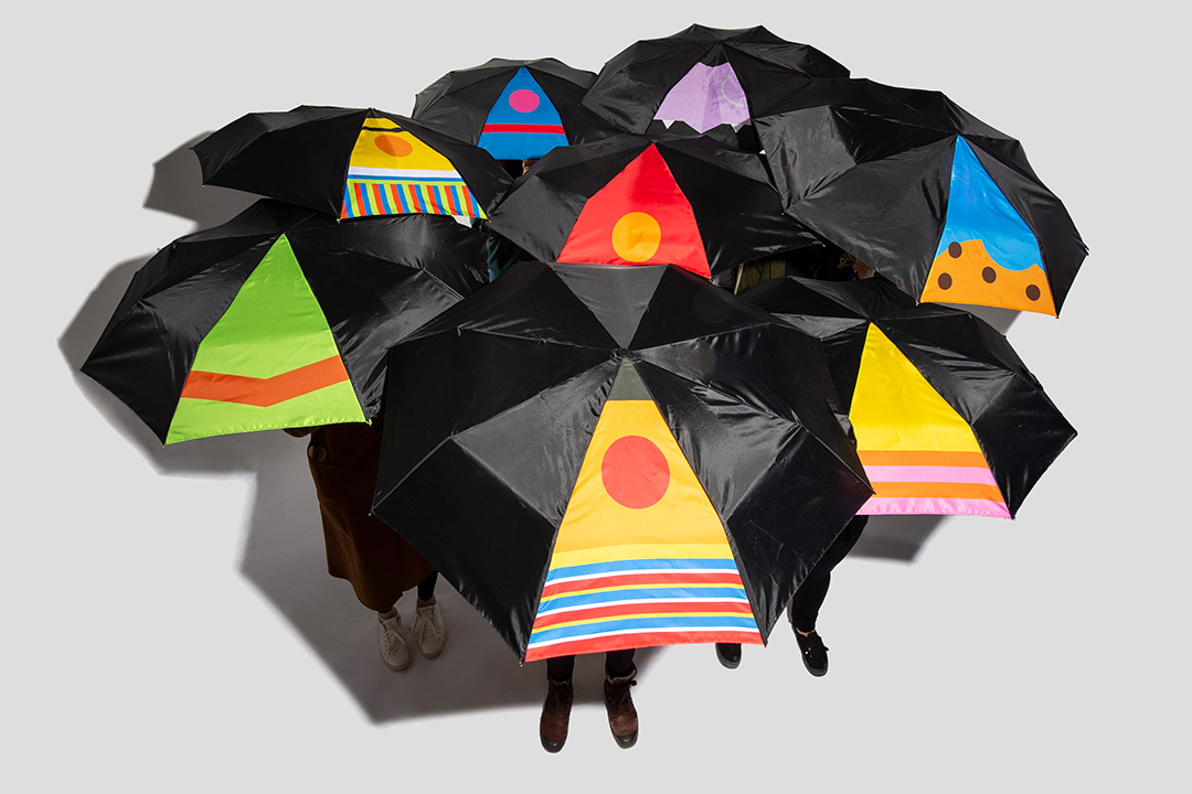 Overhead shot of umbrellas.