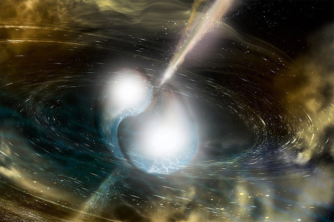 Artist’s illustration of two merging neutron stars. 