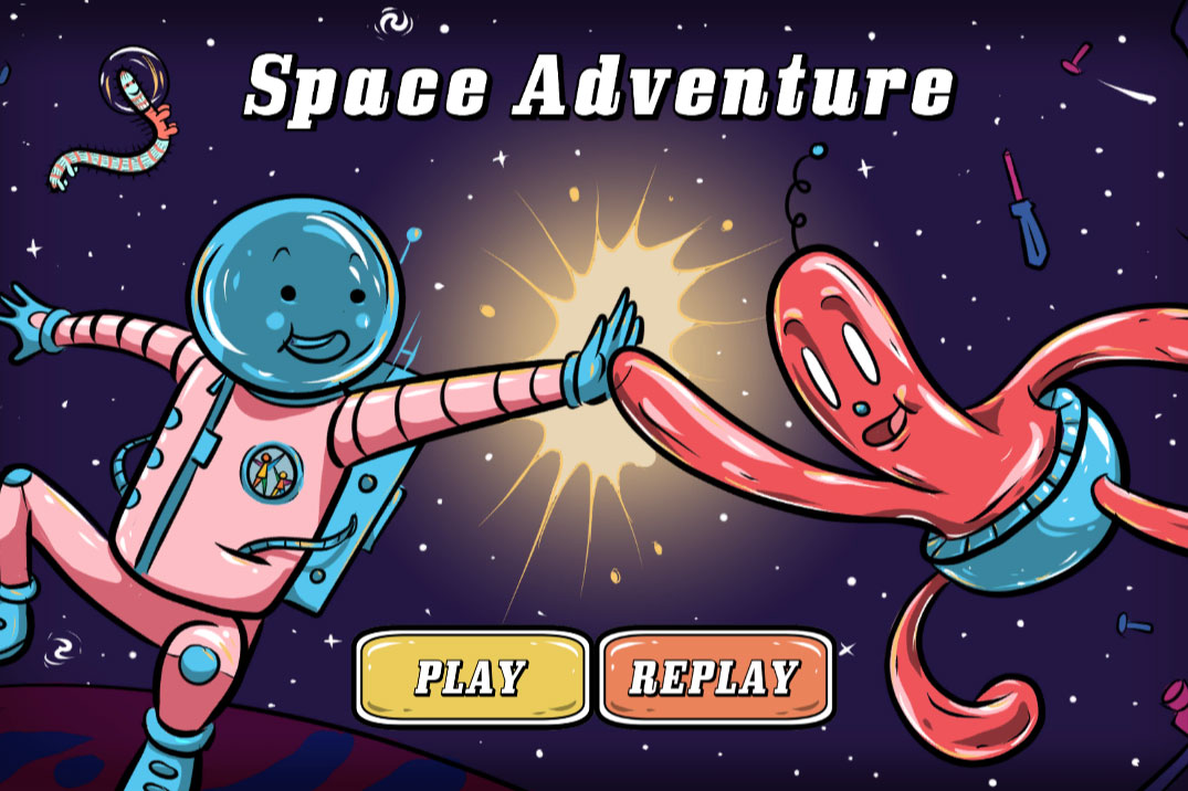 Screenshot of Space Adventure homepage, with cartoon astronaut and alien high-fiving.