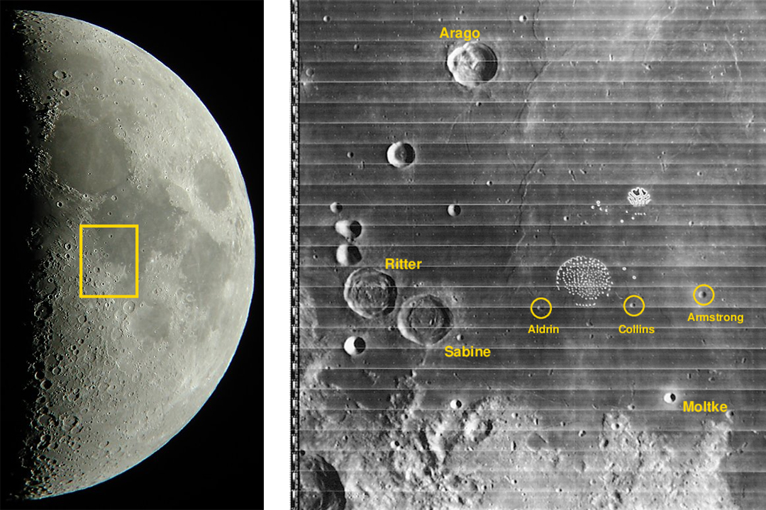 Side-by-side images of the moon and close-up of craters on the moon.