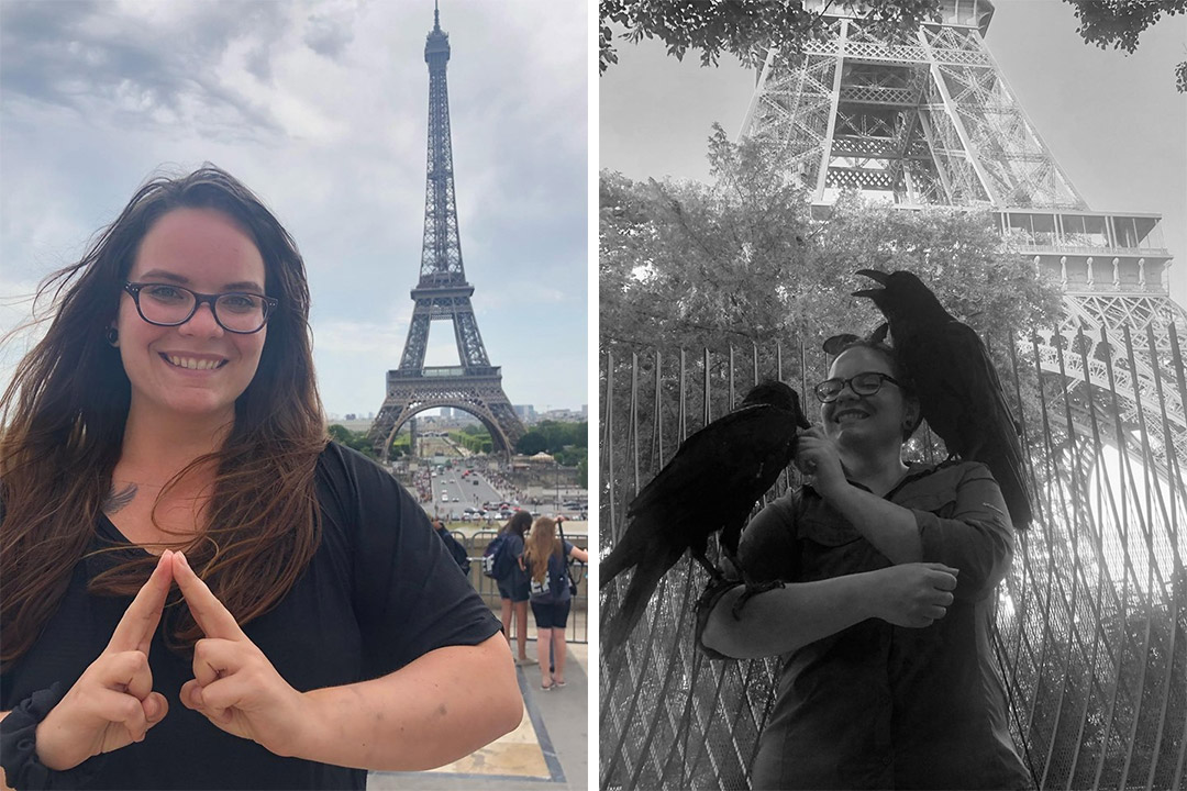 Side-by-side images of student standing in front of Eifel Tower and with ravens on her arm and shoulder.