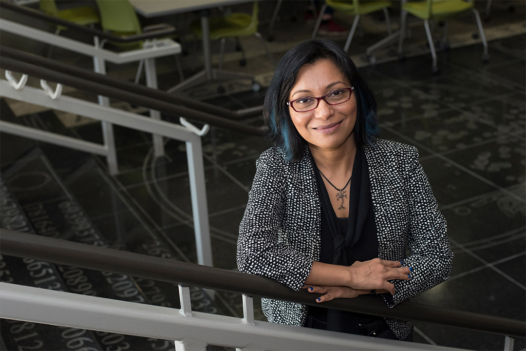 Moumita Das in lobby of College of Science.