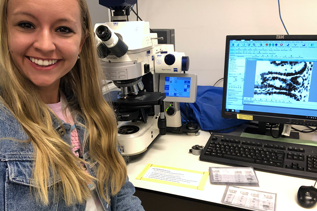 Student sits in front of microscope and computer.