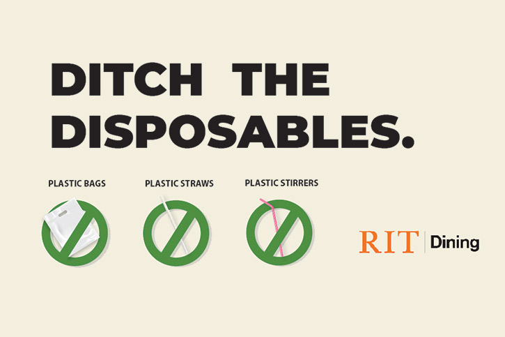 graphic that reads: Ditch the Disposables: plastic bags, plastic straws, plastic stirrers.