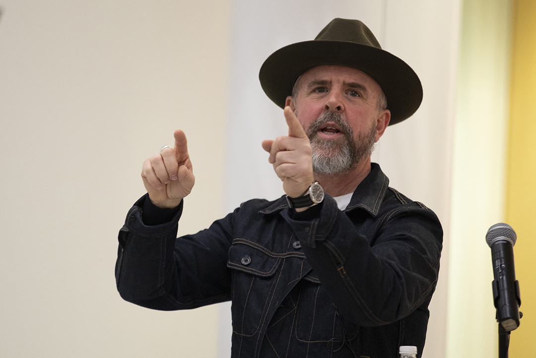 Gary Hustwit presents to a standing-room-only crowd on Feb. 4 in University Gallery.