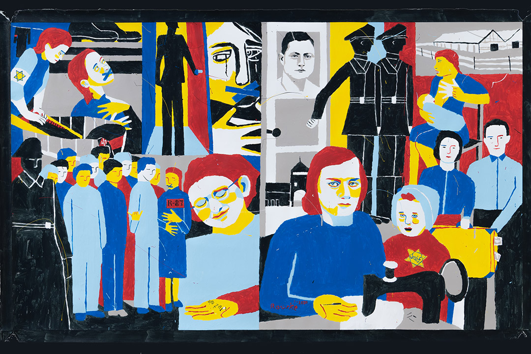 painting depicting people in shades of blue, red, yellow and black.