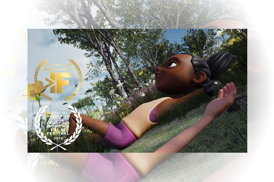 An animated character lies down in a field, with graphics of the film's laurels beside her.